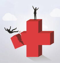 Two figures stand on a red medical cross. The one on the left arm is falling as the arm of the cross breaks. 