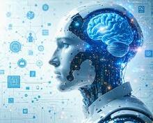 A robot face is cutaway to show a human brain. 