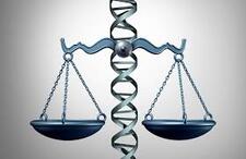 A scale with two balance plates. The center of the scale is a DNA helix.