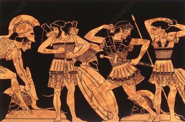 An image of Greek warriors on pottery. 