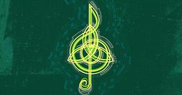 A stylized treble clef linked with an Irish trinity symbol.