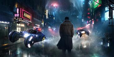 A man in a trenchcoat faces awat from the viewer and towards a science of rainy, futuristic city.