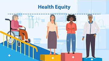 A cartoon of several different people being helped in different ways to achieve health equity. 