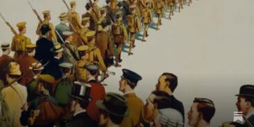 A line of average people that changes into soldiers. 