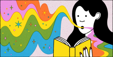 A picture of a woman reading a book with a rainbow coming from her mouth. 