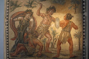 A Roman mosaic of several people in battle