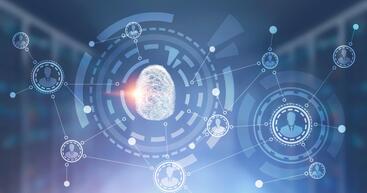 A fingerprint surrounded by digital symbols with lines connecting to human figures. 