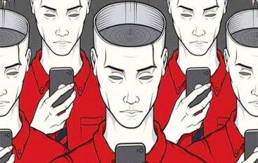 A group of people looking at smartphones. Their heads are all empty. 