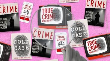 Several TVs and books that say True Crime