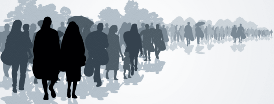 Silhouettes of a crowd of people walking
